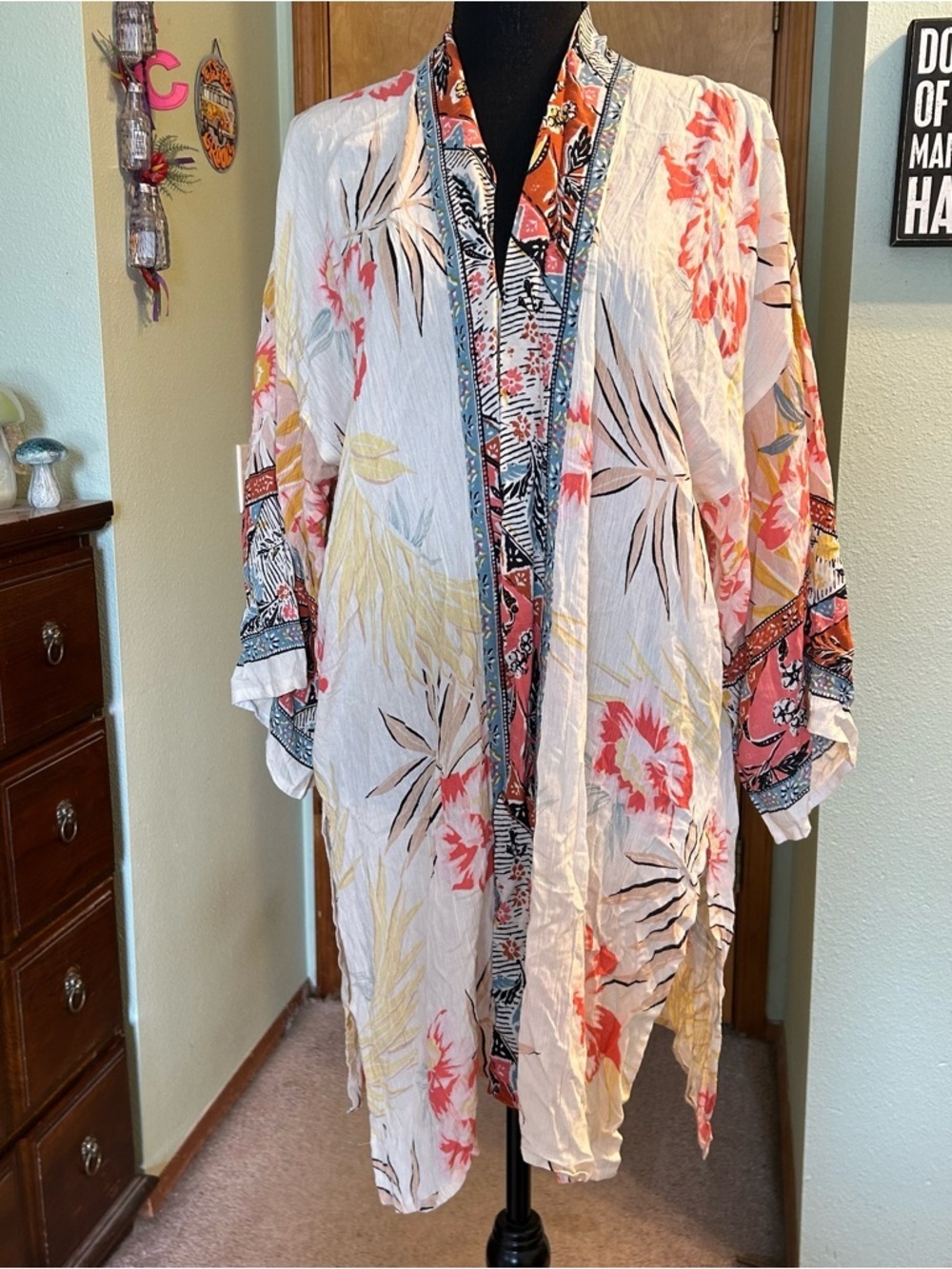 Billabong Fire Nights Kimono crinkle open front duster cover up floral size S/M